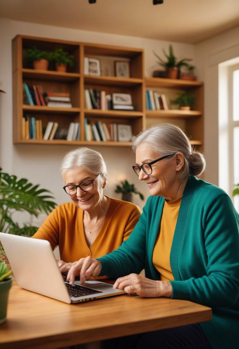 An inviting scene of an elderly couple comfortably using a laptop at home, with digital insurance documents and charts displayed on the screen, representing the shift to online services. Include warm lighting, cozy surroundings with books and plants, and hints of technology like tablets and smartphones in the background. Illustrate a sense of ease and security in navigating online insurance. super-realistic. warm colors. cozy atmosphere.
