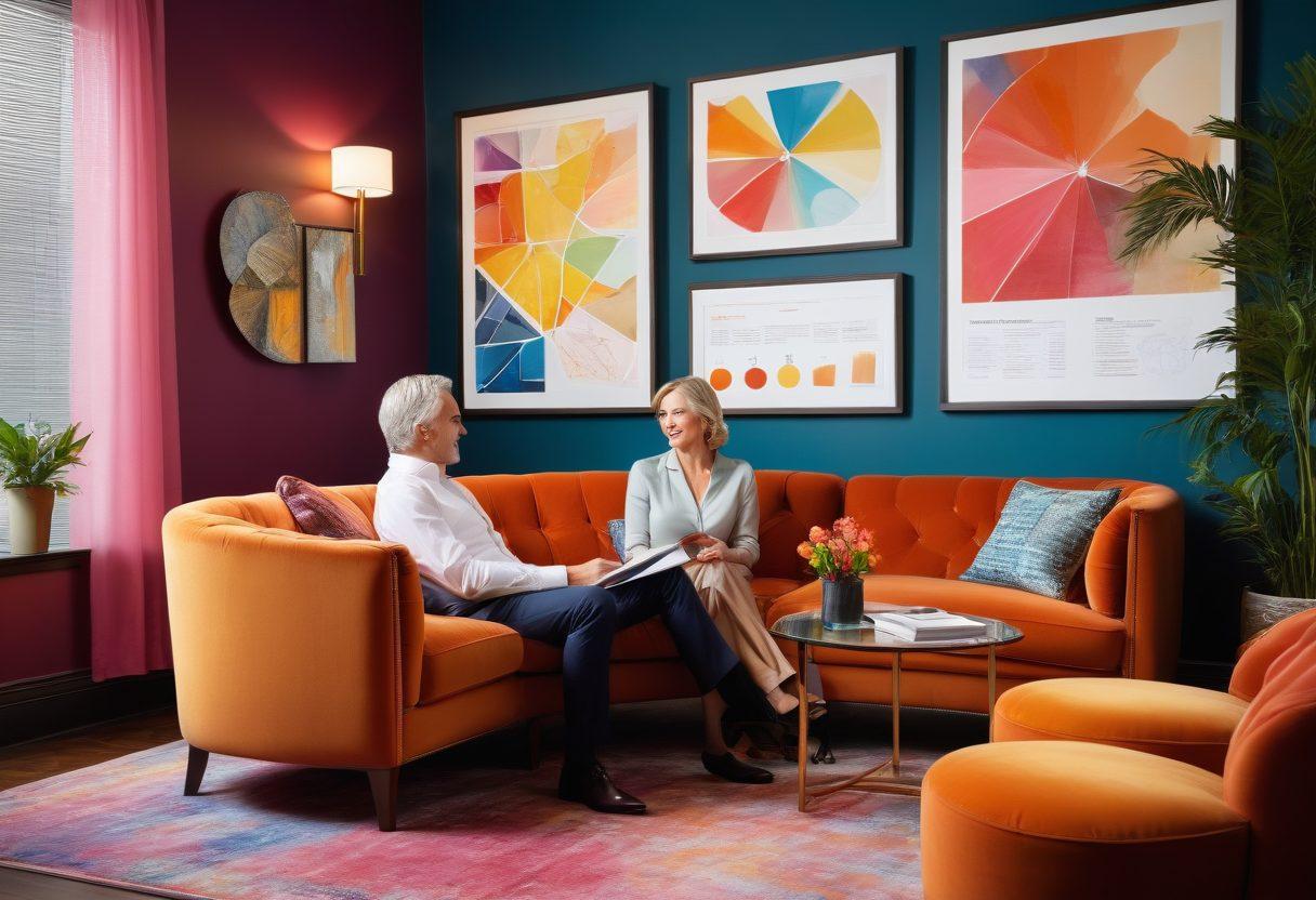 A sophisticated scene showing a confident, mature couple in a stylish lounge setting discussing insurance solutions playfully represented through colorful charts and documents. The backdrop features subtle elements of the adult entertainment industry, like tasteful artwork and elegant decor, reflecting both professionalism and creativity. Soft, ambient lighting enhances the atmosphere, suggesting a warm, inviting space to navigate complex discussions. super-realistic. vibrant colors. elegant design.